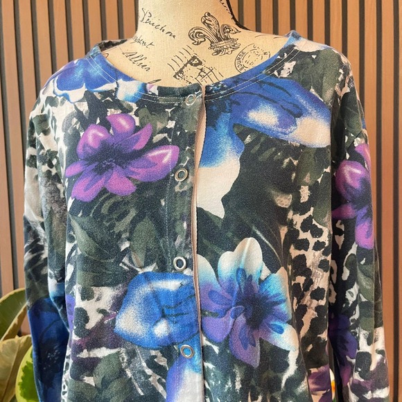 Floral Print Cardigan Cottagecore Blue Purple‎ Casual Top Layering Piece - Picture 4 of 7